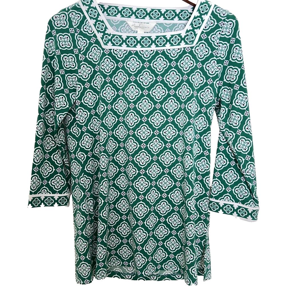 Magnolia Grace Womens Top S Geometric Green 3/4 Sleeve Popover Tunic Stretch